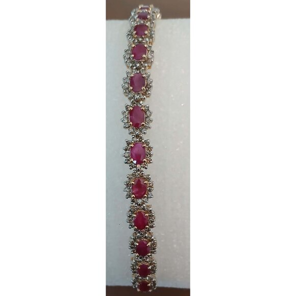 Natural Ruby & Diamond 14K Solid Yellow Gold over 14K Solid White Gold Bracelet - Picture 9 of 13